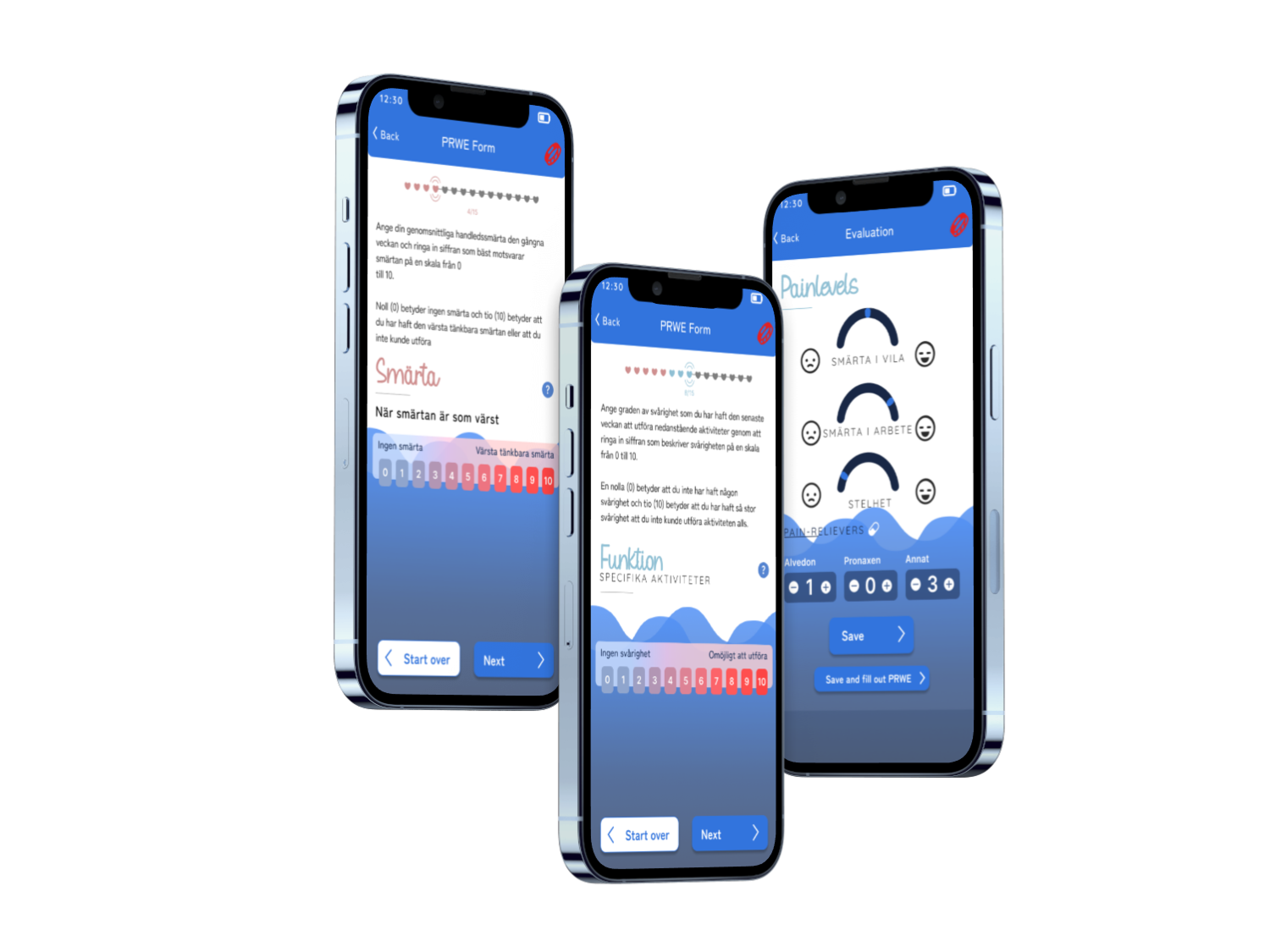 WristCheck — three-screen mockup showing the gamified PRWE rehabilitation app